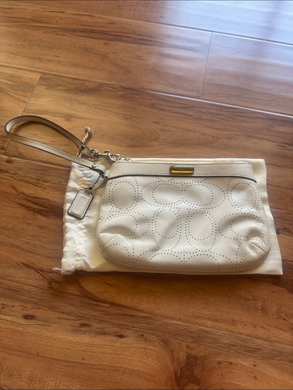 Coach White Perforated Leather Wristlet Clutch with Strap